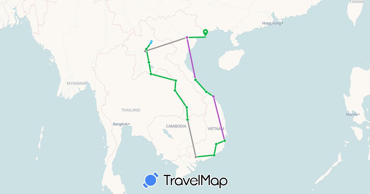 TravelMap itinerary: bus, plane, train, boat in Laos, Vietnam (Asia)